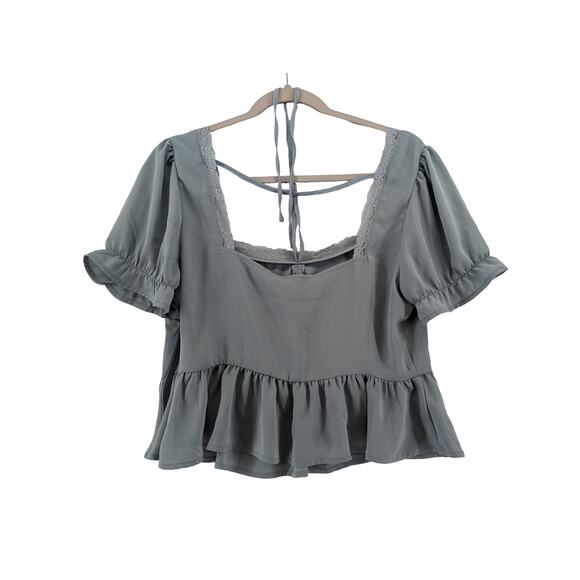 Forever 21 Peplum Blouse L Blue Gray Lace Cutout Keyhole Ruffled Neck Tie Square - Picture 2 of 11